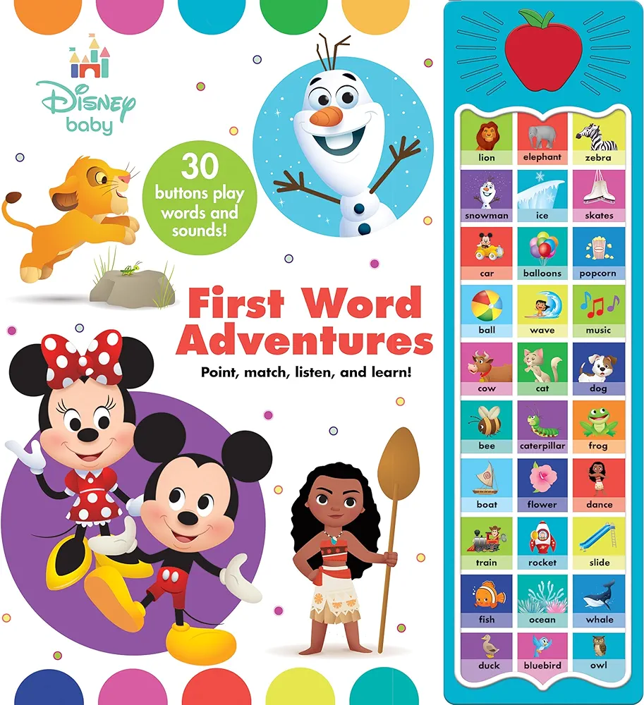 Disney Baby Mickey Mouse, Minnie, Frozen, Moana, and More! - First Word Adventures: Point, Match, Listen, and Learn! 30-Button Sound Book - Great for First Words - PI Kids