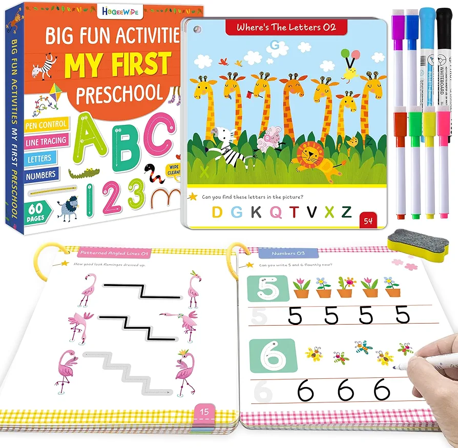 Preschool Learning Activities Line Tracing Number Letter for Kids, Wipe Clean Preschool Pre K Workbook Educational Game Fine Motor Skill Toddler Learning Toys Girl Boy Ages 2 3 4 5 Year Old