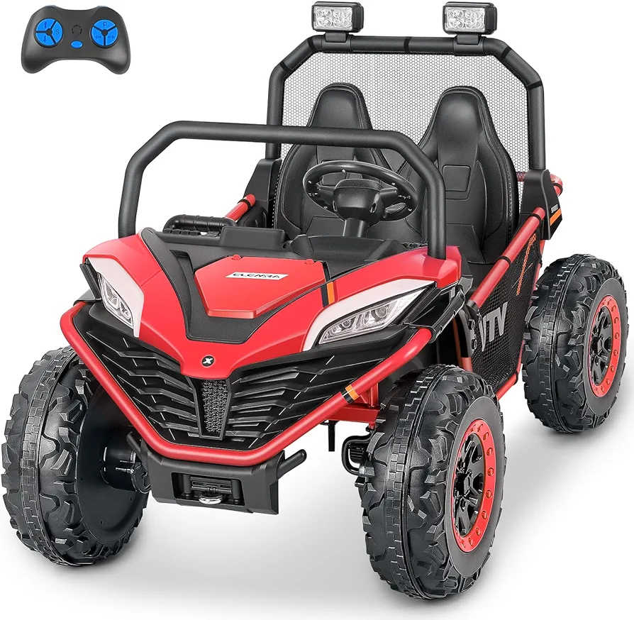 ELEMARA 24V 2 Seater Ride on Car for Kids,10AH 4WD Powered UTV Toy,4.5MPH Large Side by Side Electric Car with Remote,Bluetooth,LED Light,3 Speeds,Music,Spring Suspension,Storage for 3-8 Gift,Fire Red