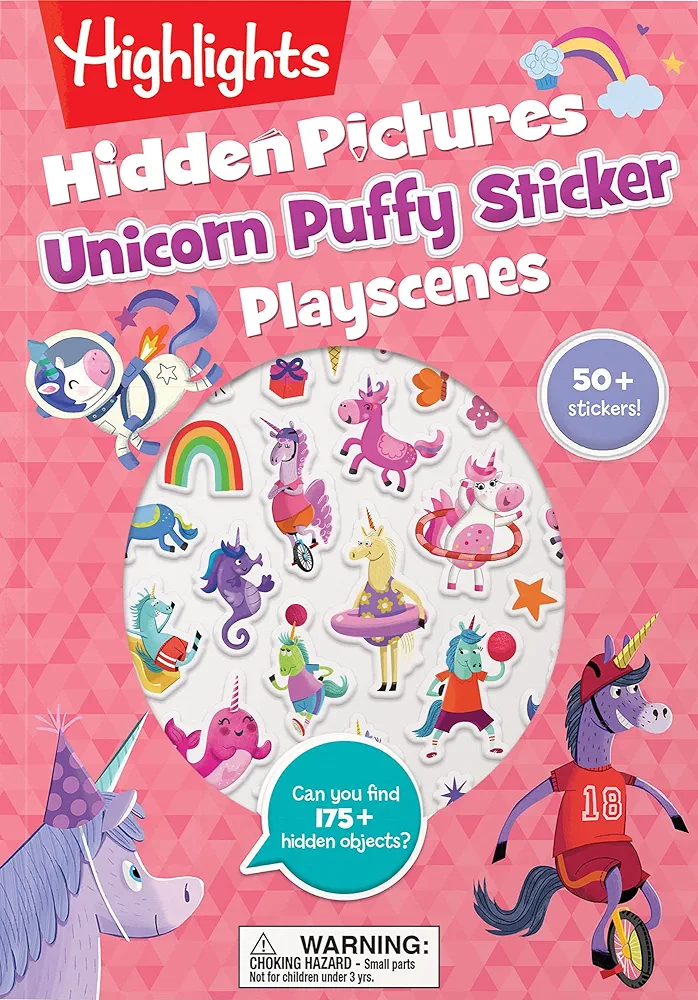 Unicorn Hidden Pictures Puffy Sticker Playscenes: Unicorn Sticker Activity Book, 50+ Reusable Stickers, Decorate Pictures and Solve Puzzles, Sticker Book for Kids (Highlights Puffy Sticker Playscenes)