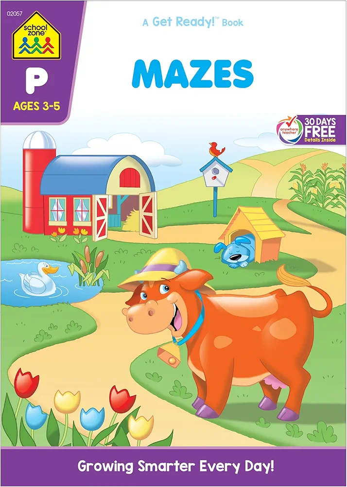 School Zone - Mazes Workbook - 32 Pages, Ages 3 to 5, Preschool, Kindergarten, Maze Puzzles, Wide Paths, Colorful Pictures, Problem-Solving, and More (School Zone Get Ready!™ Book Series)