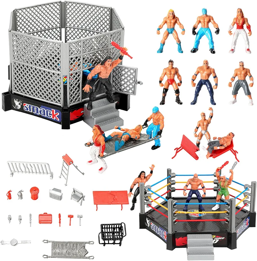 32Pcs Wrestling Toys for Kids, Wrestlers Playset with 12 Wrestling Action Figures, 2 Wrestling Ring, Many Realistic Accessories, Toy Figures & Playset Gift for 2 3 4 5 6 Boys Girls, Cool Cake Toppers