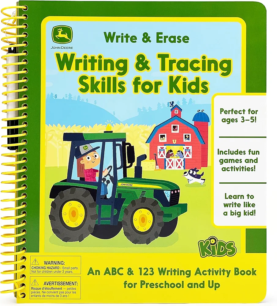 John Deere Kids Wipe Clean Writing & Tracing Workbook Skills for Preschool Kids Ages 3 - 5: Practice Pen Control, ABC's, Numbers, Handwriting, Wipe Off Pen and Stickers Included!