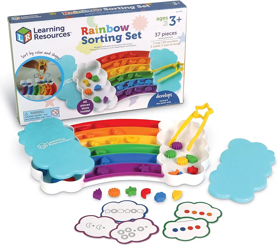 Learning Resources Rainbow Sorting Set,37 Pieces, Ages 3+, Fine Motor Skills, Color and Sorting Recognition, Addition Skills, Sensory Tray Toys