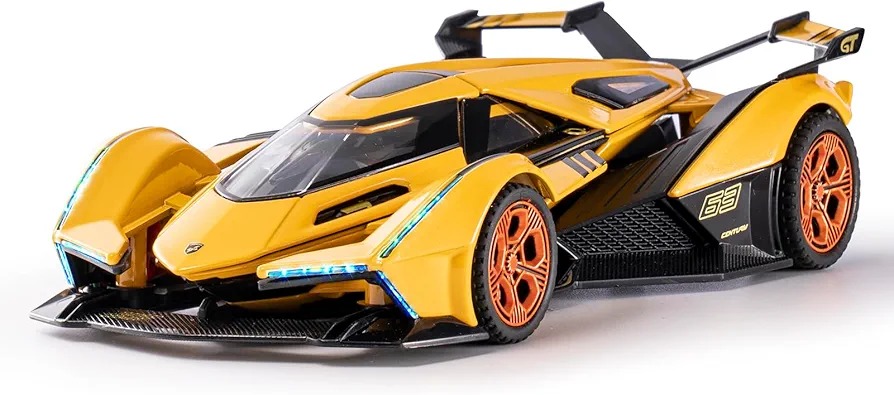 SASBSC Toy Cars for 3+ Year Old Boys Lambo V12 Race Car Toy with Light and Sound Diecast Metal Model Cars for Kids Ages 3-8 Pull Back Car Gift Toys for Birthday Christmas (Yellow)