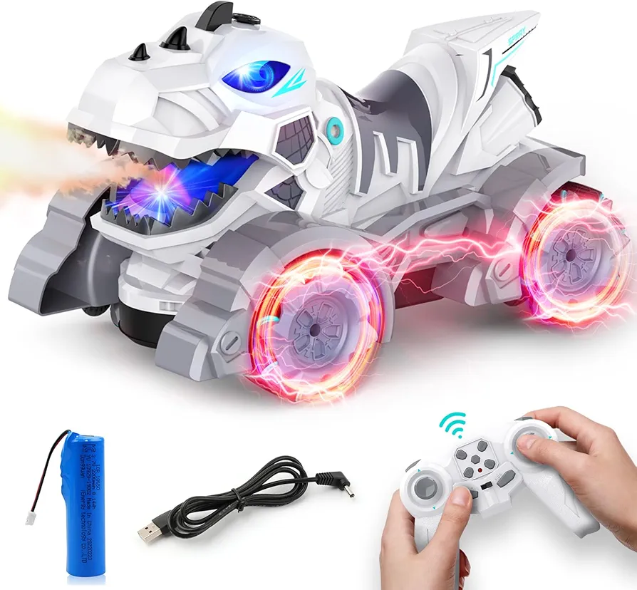 Remote Control Cars Dinosaur Trucks, 2.4 GHz Rechargeable RC Cars Dinosaur Toys for Boys Kids Age 4-7 8-12 With Light Sound Spray, 360°Rotation Drift 1:14 RC Dino Monster Truck, Gifts for Boys (White)