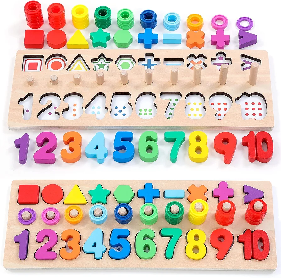 BEKILOLE Wooden Montessori Toys for Kids Toddler Number Puzzles Sorter Counting Shape Stacker Stacking Game Preschool Toys for Boy Girl Learning Education Math Blocks 1 Year Old Girl Gifts and Beyond