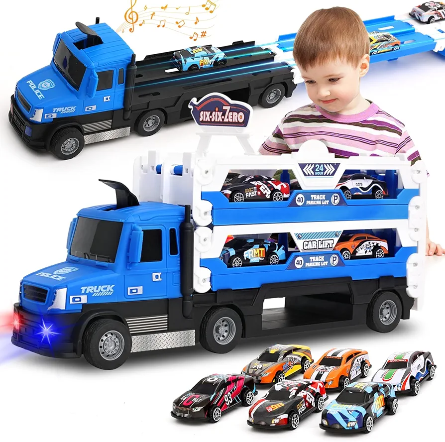 Big Transporter Truck Blue Toy Cars for Toddlers 3-5 with 55-Inch Ejection Race Track, Deform Catapulting and Shooting Folding Storage Car Carrier with 6 Race Cars for Kids Ages 3-5, 4-8