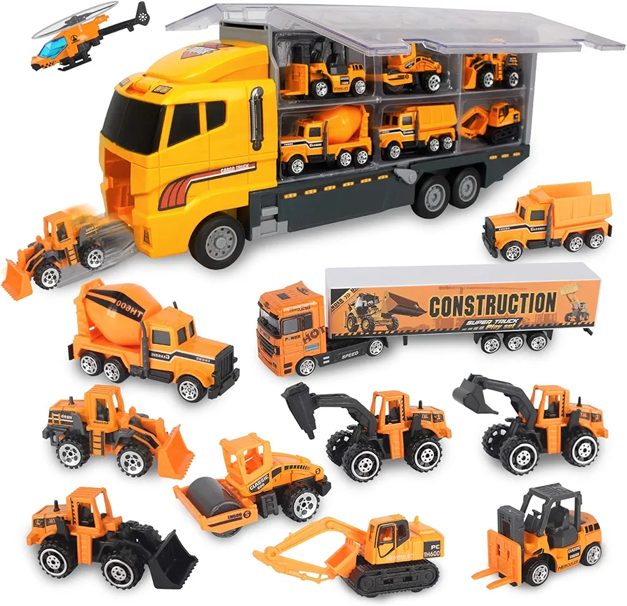 Jenilily Construction Toys Truck Die-cast Vehicle Transporter Car Set Excavator Dump Truck Digger Backhoe for Boys Kids 3 4 5 Years Old