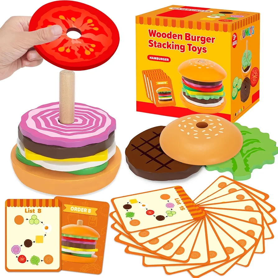 Montessori Toys for 2, 3, 4, 5, Year Old, Wooden Burger Stacking Toys, Fine Motor Toys for Kids Boys Girls, Ideal Preschool Educational and Learning Toys, Perfect Christmas Birthday Gifts