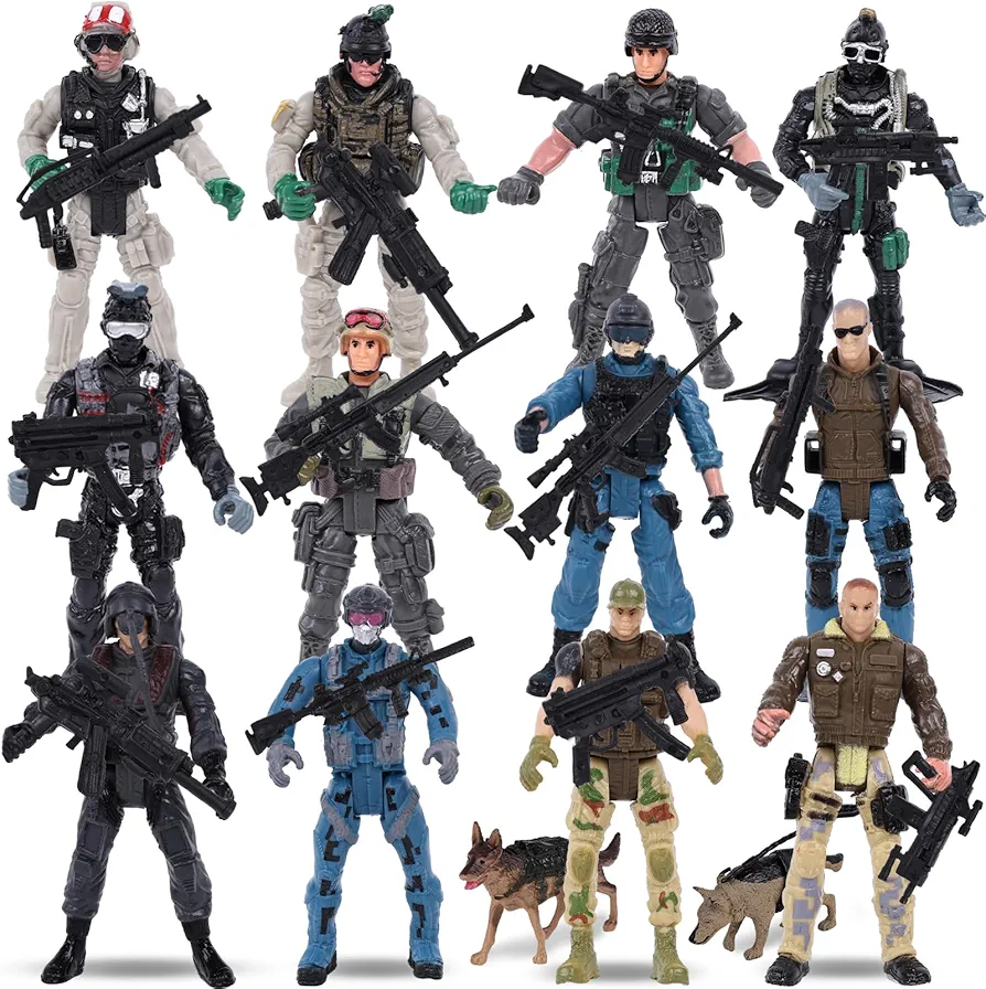 3 otters 12PCS Army Men Toy Soldiers, Special Operation Soldier Military Action Figures Playset with Weapons Army Dogs for Kids Birthday