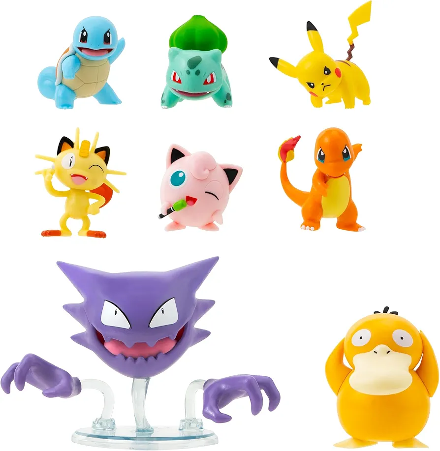 Pokemon Battle Figure 8-Pack - Comes with 2” Pikachu, 2” Bulbasaur, 2” Squirtle, 2” Charmander, 2” Meowth, 2" Jigglypuff, 3” Loudred, and 3” Psyduck