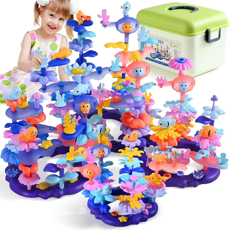 156Pcs Flower Garden Building Toys for Girls 3 4 5 6 7 Year Old, Upgrade DIY Marine Coral Stacking Toys, STEM Preschool Educational Toddler Toys Brain Development Kindergarten Kids Toy