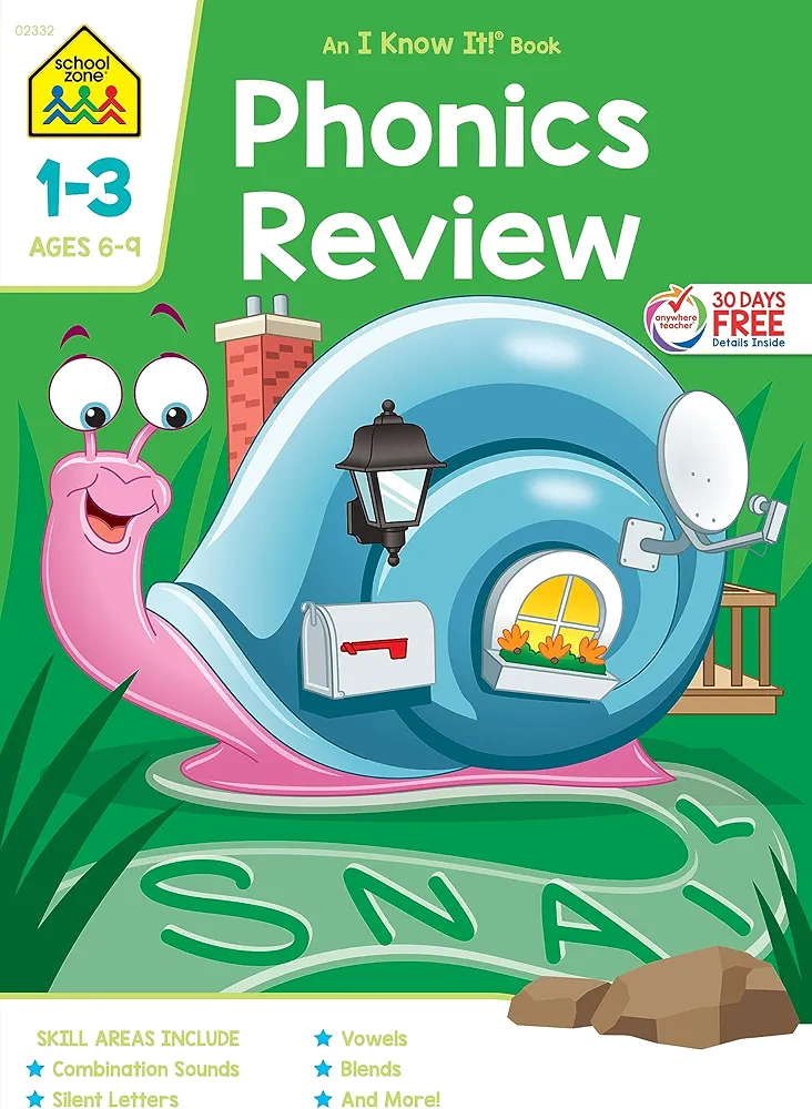 School Zone - Phonics Review 1-3 Workbook - 64 Pages, Ages 6 to 9, Grades 1 to 3, Combination Sounds, Short Letters, Vowels, and More (School Zone I Know It!® Workbook Series)