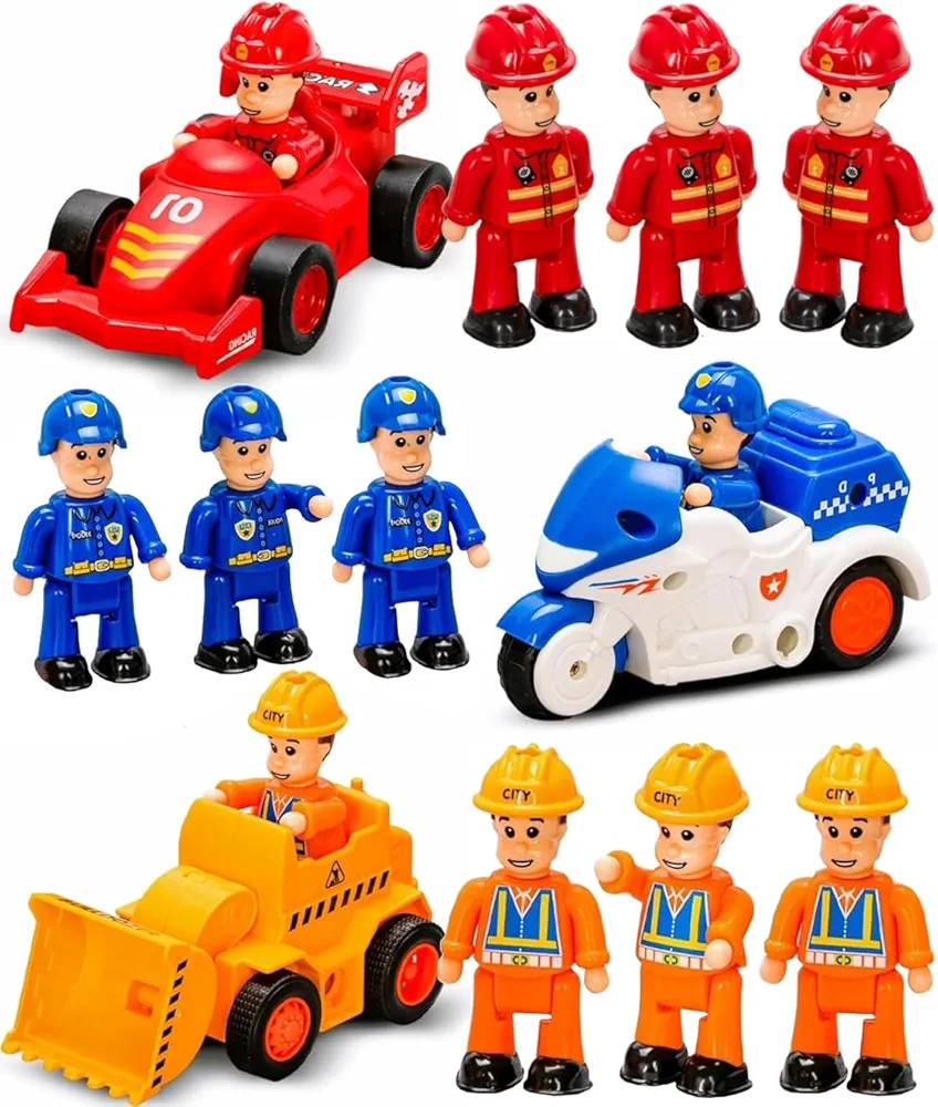 FUNERICA 12-Pcs People Figures and Toy Cars Playset - Fireman, Police, Construction Workers - Pretend Play Vehicle & Figurine Set Accessories for Kids - Emergency Rescue & Construction Toys