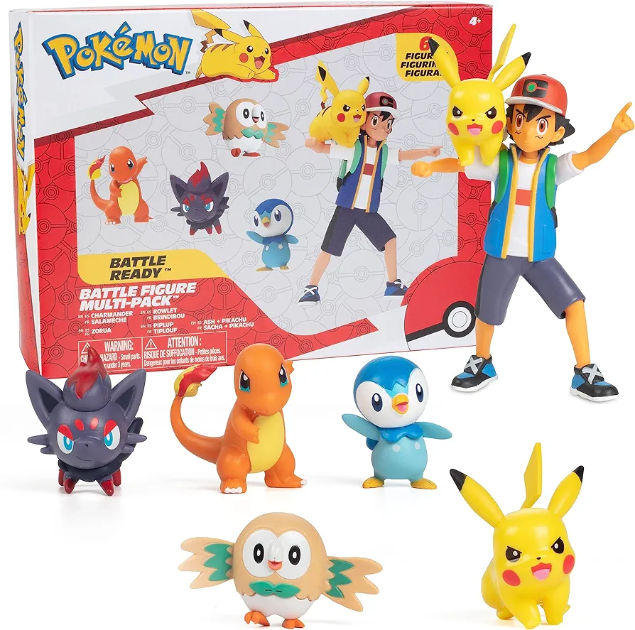 Pokémon Battle Ready! Figure Set, 6 Pieces - Includes 4.5" Ash & Launching Pikachu, 2" Charmander, 2” Rowlet, 2” Piplup, 2” Zorua - Officially Licensed - Toy Gift for Kids, Boys & Girls - Ages 4+