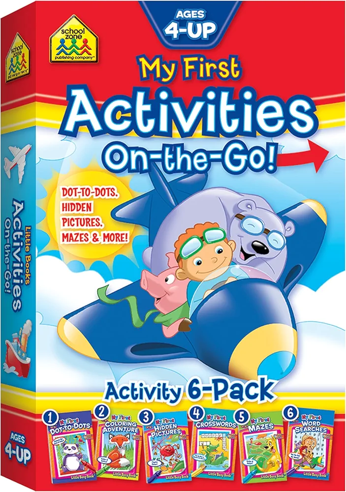 School Zone - My First Activities On-the-Go! 6-Pack Workbook Set - Ages 4+, Preschool to 2nd Grade, Dot-to-Dot, Hidden Pictures, Mazes, Coloring, and More (School Zone Little Busy Book™ Series)