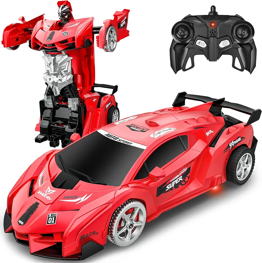 Remote Control Car, Toy for 3-8 Year Old Boys, 360° Rotating RC Deformation Robot Car Toy with LED Light, Transform Robot RC Car Age 3 4 5 6 7 8-12 Years Old for Kids, Boys Girls Birthday Gifts (Red)