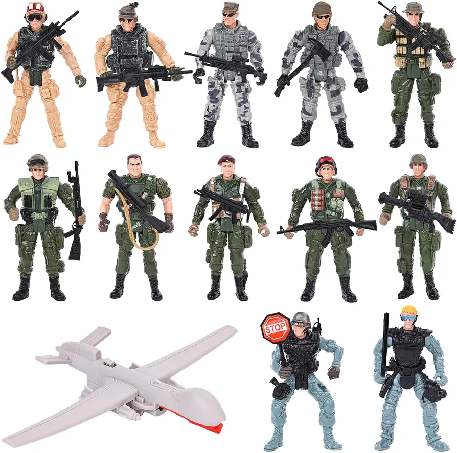 AMOR PRESENT 13PCS US Army Men Toy Set, Special Operations Toy Soldiers Action Figures Playset with Weapons and Toy Drone for Kids Toys