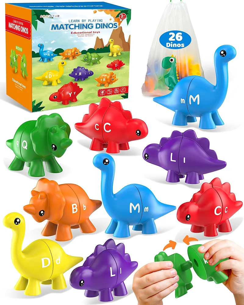 26PCS Dinosaur Alphabet Learning Toys for Toddlers, Montessori Educational Toys Gifts for 3 4 5 Year Old Boys Girls, Double Sided ABC Dinosaur Matching Game, Preschool Fine Motor Toys for Kids 3-5