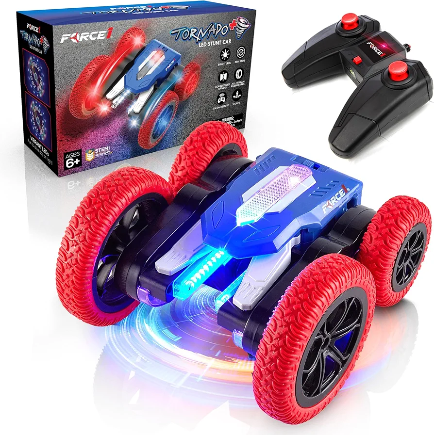 Force1 Tornado+ LED Remote Control Car for Kids - Double Sided Fast RC Car, 4WD Off-Road Stunt Car 360 Flips, All Terrain Tires, LEDs, Rechargeable Toy Car Battery, 2.4 GHz Remote, Interactive Display