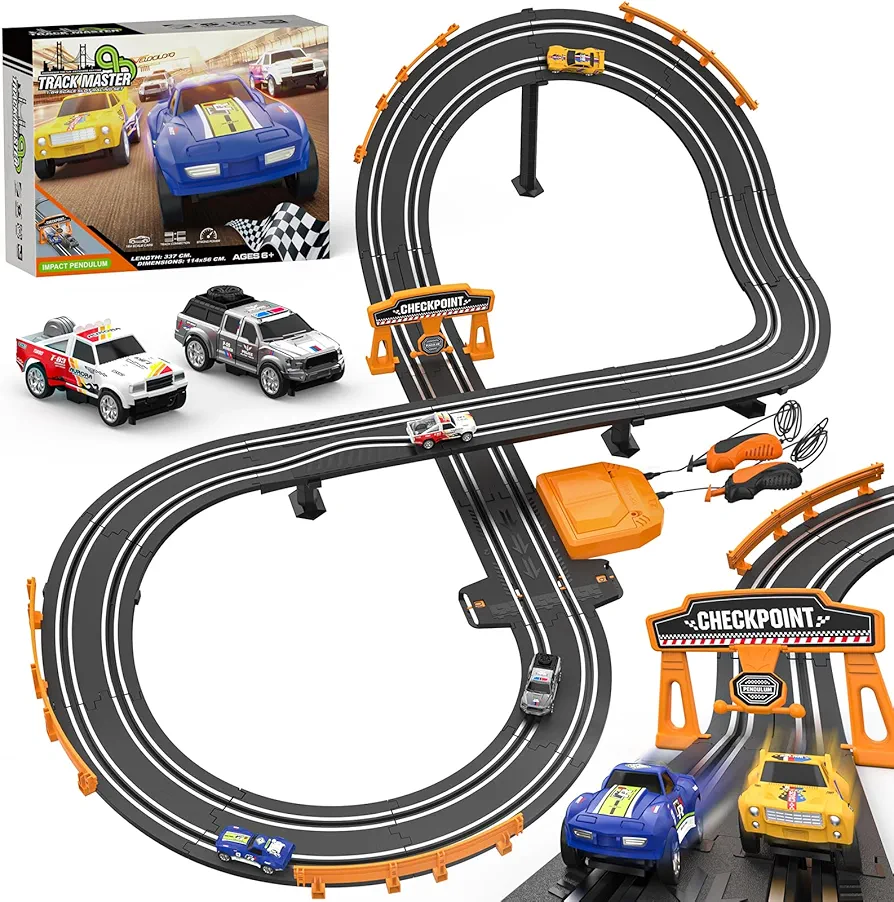 Slot Car Race Track Sets with 1:64 High-Speed Slot Cars, Battery or Electric Car Track, Dual Racing Game Lap Counter Circular Slope Track, Gifts Toys for Boys Kids Age 6 7 8-12