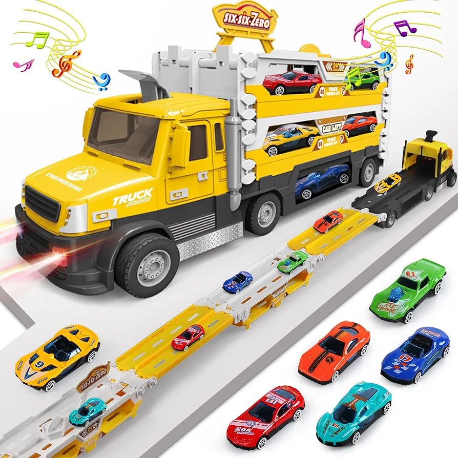 DWI Dowellin Carrier Truck Toys for Kids, 4.6-FT Foldable Hauler Track Ejection Car and 6 Metal Race Car with Light&Sounds, Truck Toy Toddlers Toys Gifts for 2 3 4 5+ Year Old Boys Girls-Yellow