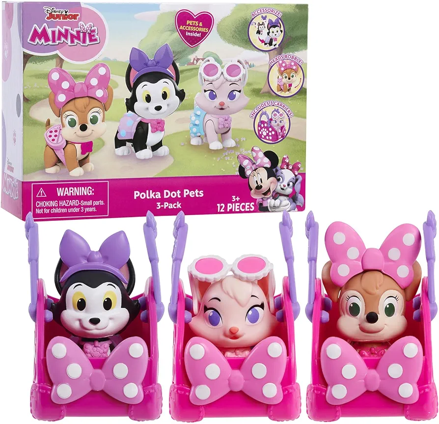 Disney Junior Minnie Mouse Polka Dot Pets 3-Pack Figures, Officially Licensed Kids Toys for Ages 3 Up, Amazon Exclusive