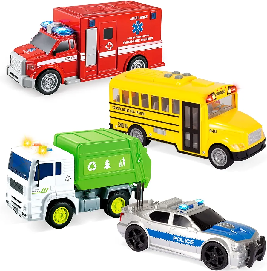 JOYIN 4 Pcs 7" Long Vehicle Toy Set, Toddlers Cars with Lights and Siren Sound, Including Play Police Car, School Bus, Toy Garbage Truck, Ambulance Toy, Birthday Party Gifts Toys for Boys 3-5