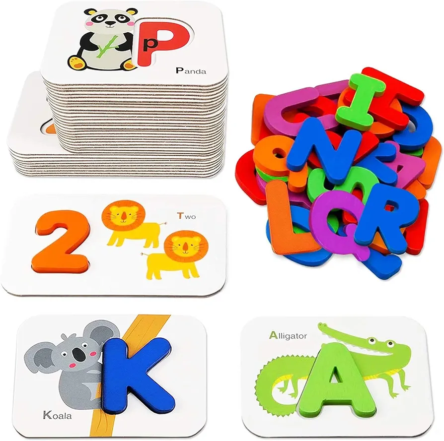 Gojmzo Number and Alphabet Flash Cards for Toddlers 3-5 Years, ABC Montessori Educational Toys Gifts for 3 4 5 year old Preschool Learning Activities, Wooden Letters Animal Flashcards Puzzle Game