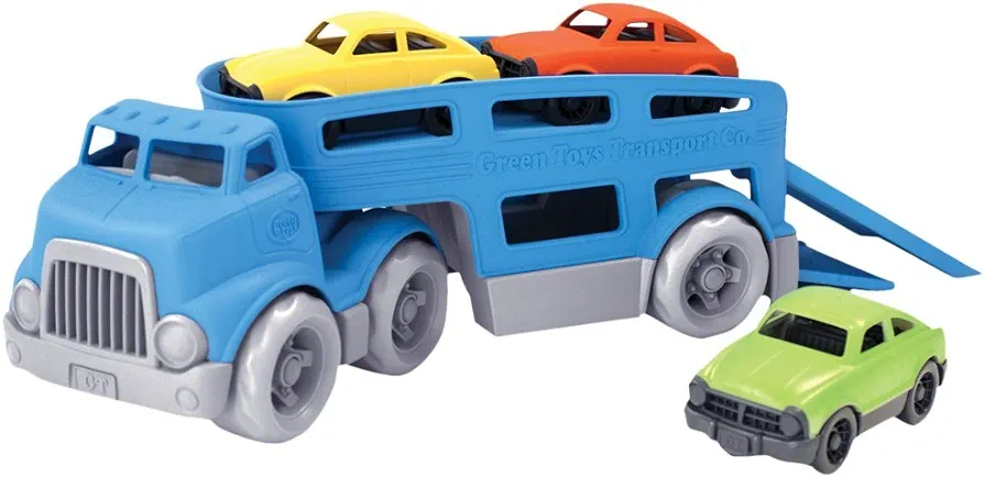 Green Toys Car Carrier, Blue - Pretend Play, Motor Skills, Kids Toy Vehicle. No BPA, phthalates, PVC. Dishwasher Safe, Recycled Plastic, Made in USA (4 Piece Set)