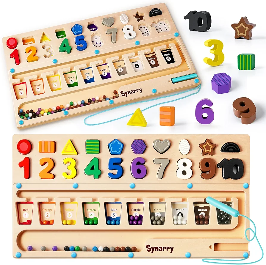 SYNARRY 3 in 1 Montessori Toys for 3+ Year Old, Educational Magnetic Color and Number Maze, Shape & Number Wooden Puzzle Counting Learning Toys for Toddlers 2-4 Years, Preschool Learning Activities