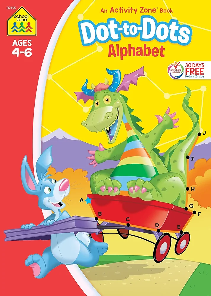 School Zone - Dot-to-Dots Alphabet Workbook - 32 Pages, Ages 4 to 6, Preschool, Kindergarten, Connect the Dots, Letter Puzzles, ABCs, and More (School Zone Activity Zone® Workbook Series)