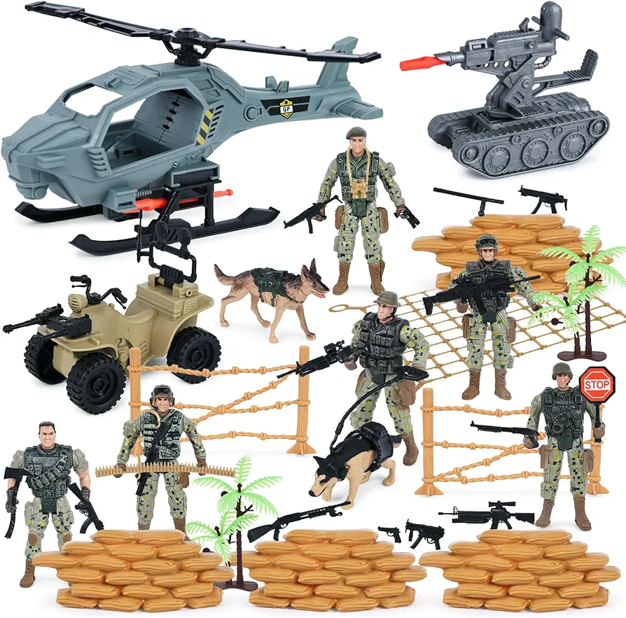 AMOR PRESENT 41PCS Army Soldier Set, Special Force Action Figure with Weapons Army Dogs Helicopter Military Soldier Playset Army Toy Set