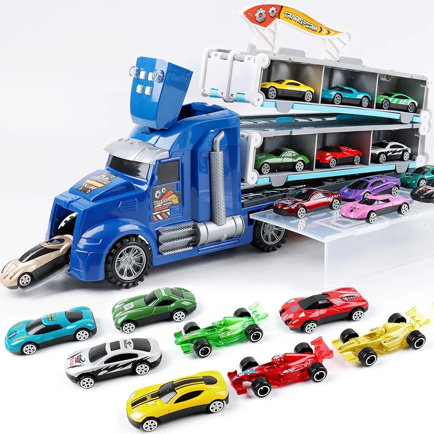 Dwi Dowellin Carrier Truck Toys for Kids,5-FT Hauler Truck with Ejection Race Track and 16 Die-Cast Metal Toy Cars,Car Toy Gift for 2 3 4 5 Years Old Boys and Girls(Blue)