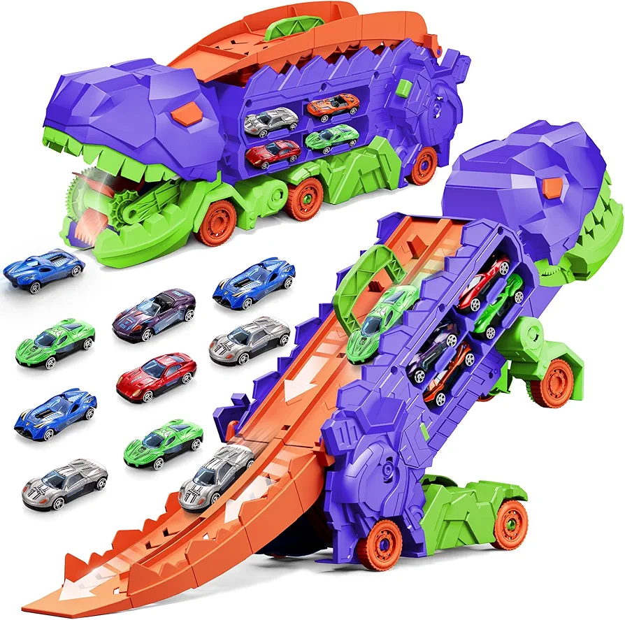 11 in 1 Dinosaur Toys for 3-7, Dinosaur Transport Truck with 8 Metal Cars, City Dinosaur Ultimate Hauler Track Toy, Transforms into Stomping Standing Dinosaur Toddler Toys Gifts for Kids Ages 3+