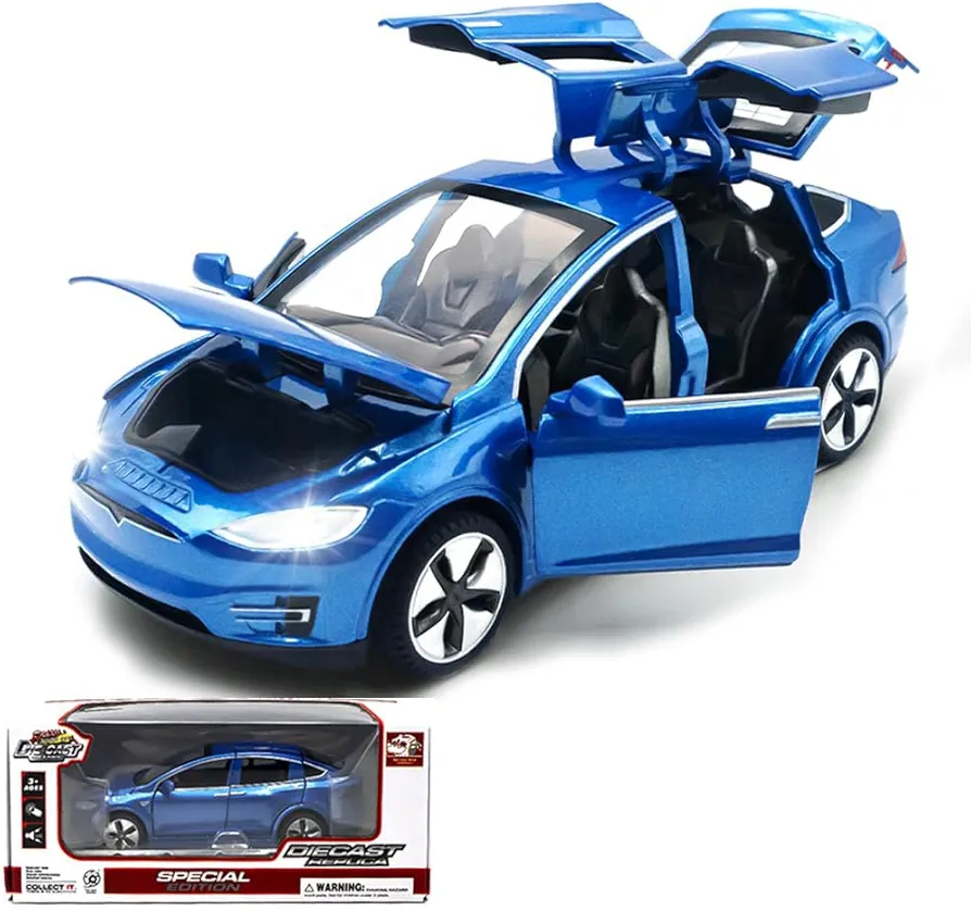 1:32 Model X Alloy Diecast Pull Back Toy Car with Open Doors, Lights and Music, Mini Vehicles Toys for Kids & Collectors (Blue)