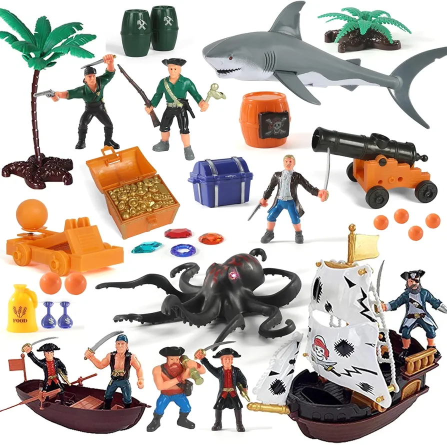 Pirate Action Figures Playset with Boat, Treasure Chest, Cannons, Shark, Pirate Ship Toys-Pirate Toy, 50 PCS Kids Pretend Adventure Set Figures, Birthday Gifts for Age 2 3 4 5 6 Year Old Boys Girls