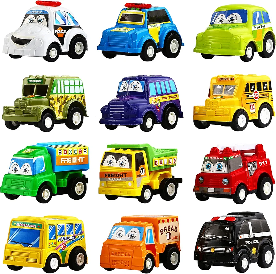 Pull Back Car, 12 Pack Assorted Mini Plastic Vehicle Set, Pull Back Truck and Car Toys for Boys Kids Toddler Party Favors,Die Cast Car Toy Play Set