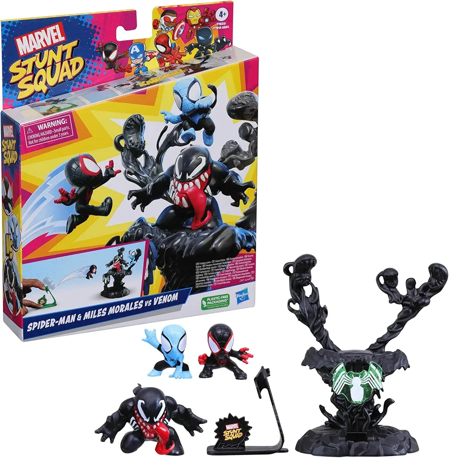 Marvel Stunt Squad Villain Knockdown Playset, Spider-Man and Miles Morales vs. Venom, 1.5-Inch Action Figures, Toys for Kids Ages 4 and Up