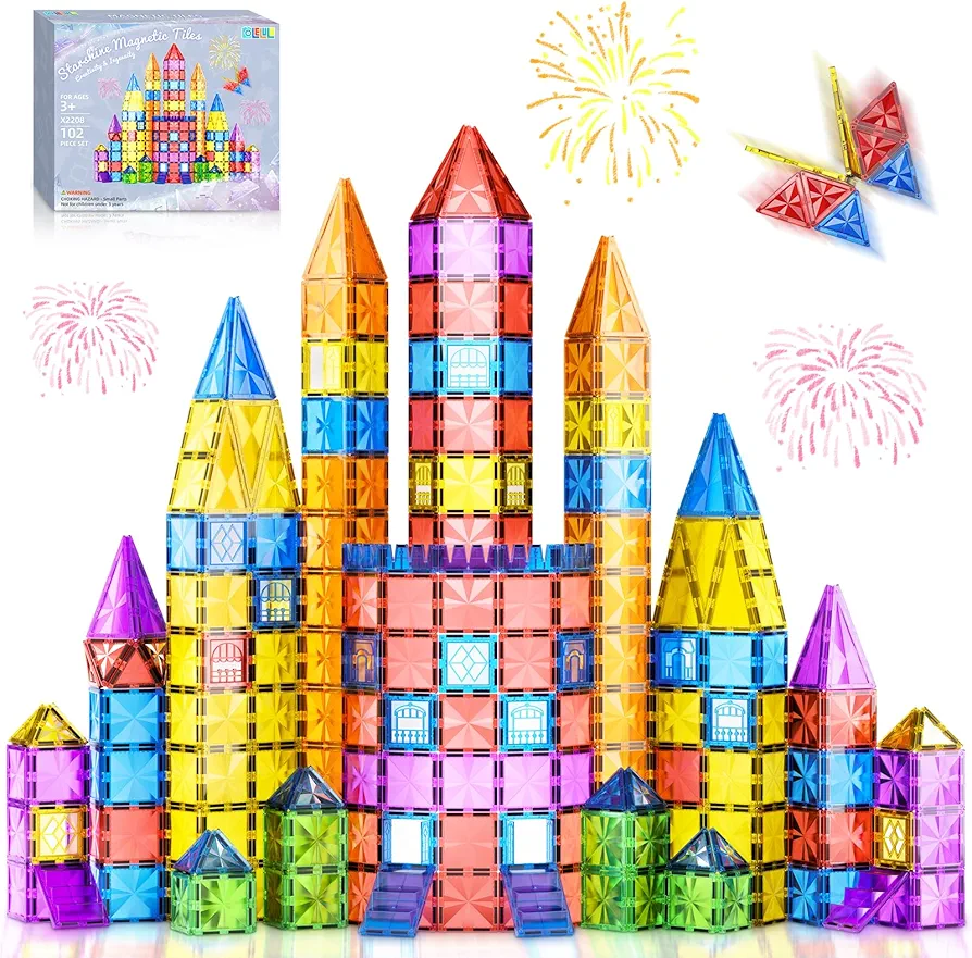 102PCS Diamond Magnetic Tiles Kids Toys, STEM Magnet Toys for Toddlers, Magnetic Building Blocks for Age 3-5 4-8 8-12, Preschool Learning Montessori Sensory Toys for 3+ Year Old Boys Girls