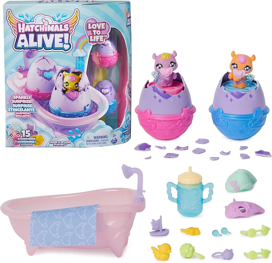 Hatchimals Alive, Make a Splash Playset with 15 Accessories, Bathtub, 2 Color-Change Mini Figures in Self-Hatching Eggs, Kids Toys for Girls and Boys