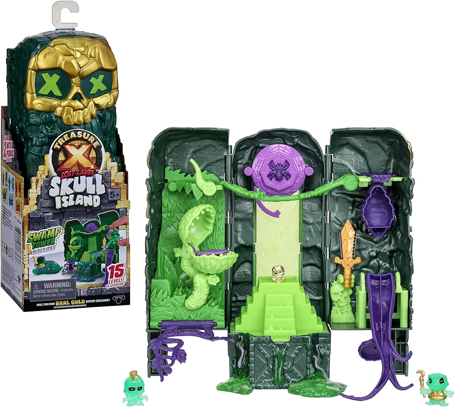 TREASURE X Lost Lands Skull Island Swamp Tower Micro Playset, 15 Levels of Adventure. Survive The Traps and Discover 2 Micro Sized Action Figures. Will You Find Real Gold Dipped Treasure?