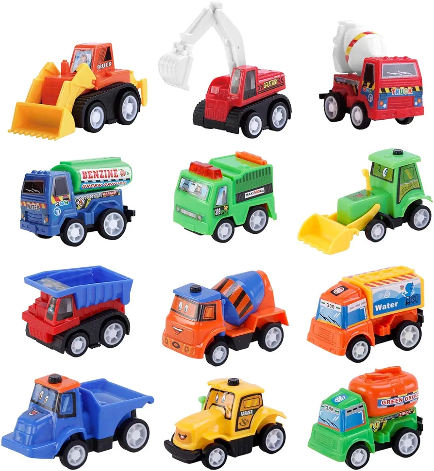 12 Packs Construction Toy Pull Back Digger Mini Vehicles Excavator Bulldozer Truck Toy for 2 3 4 5 Year Old Kids Boy Girl Toddlers Party Favor Cake Decorations birthday gift