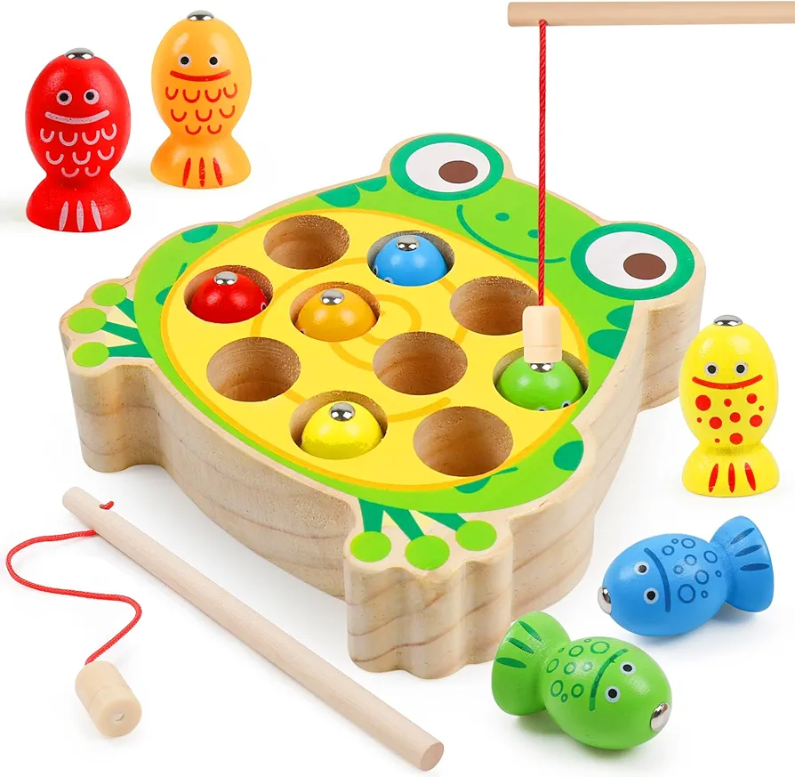 Magnetic Wooden Fishing Game Toys for Toddlers,Wooden Frog Magnets Fishing Toys Color Sorting Puzzle Montessori Preschool Educational Learning Fine Motor Skills Toys for 3 4 5 Years Old Boys Girls