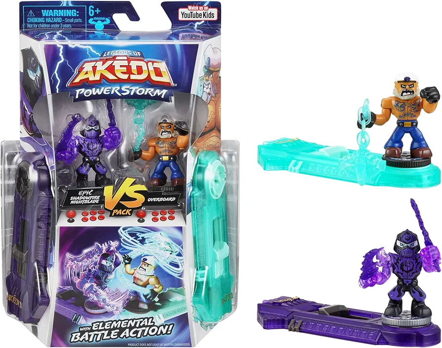 Legends of Akedo Powerstorm | Pack 2 Mini Battling Action Figures and 2 Battle Controllers | Epic Shadowfire Nightblade Versus Overboard