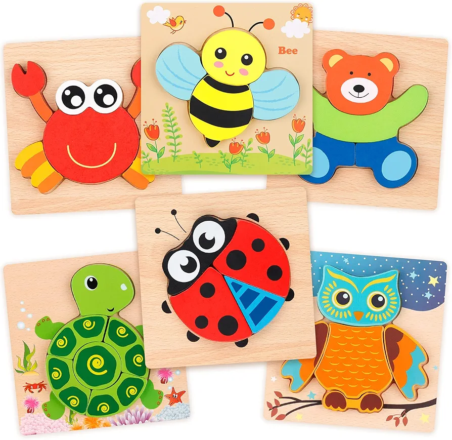 Coogam Wooden Jigsaw Puzzle Set, 6 Pack Animal Shape Color Montessori Toy, Fine Motor Skill Early Learning Preschool Educational Gift Game for Years Old Kids