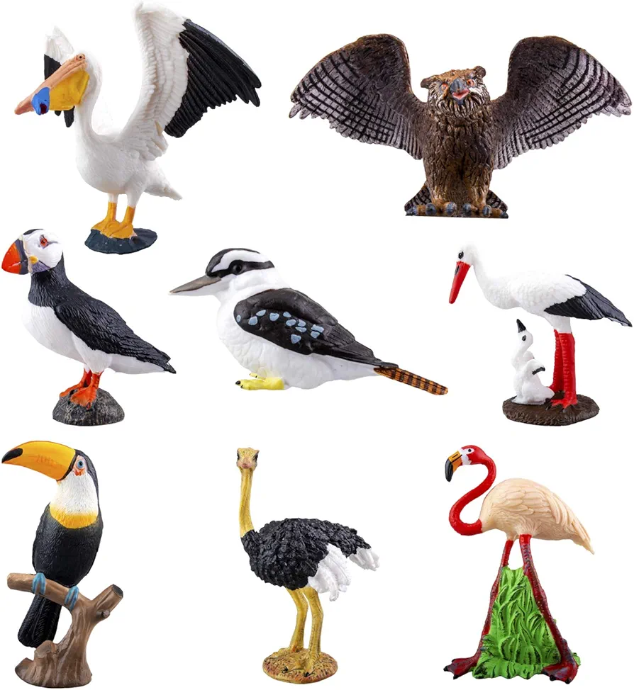 Toymany 8PCS Realistic Bird Animals Figurines, 2-4" Plastic Tropical Bird Figures Toy Set includes Toucan,Ostrich,Owl,Flamingo, Educational Toy Cake Toppers Christmas Birthday Gift for Kids Toddlers