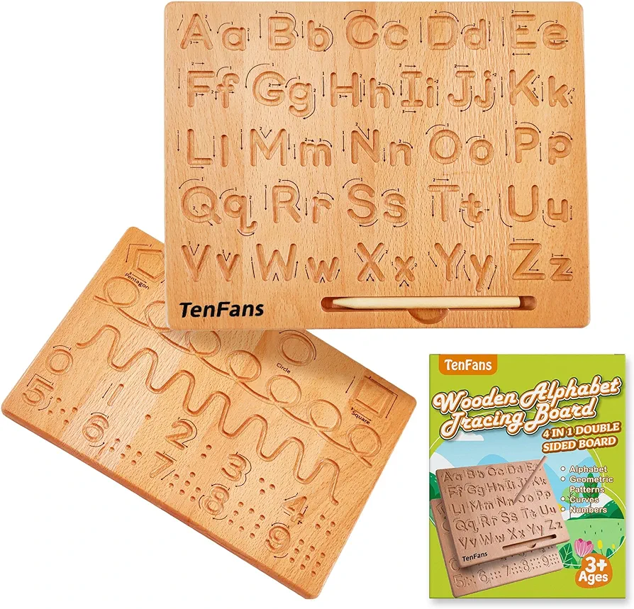 TanFans Wooden Alphabet Tracing Board - Montessori Educational Toy for Preschool - Fine Motor Skills Development - Learn to Write ABC - Double-Sided Letter Practice Tool - Ideal Gift for 3-5 Years Old