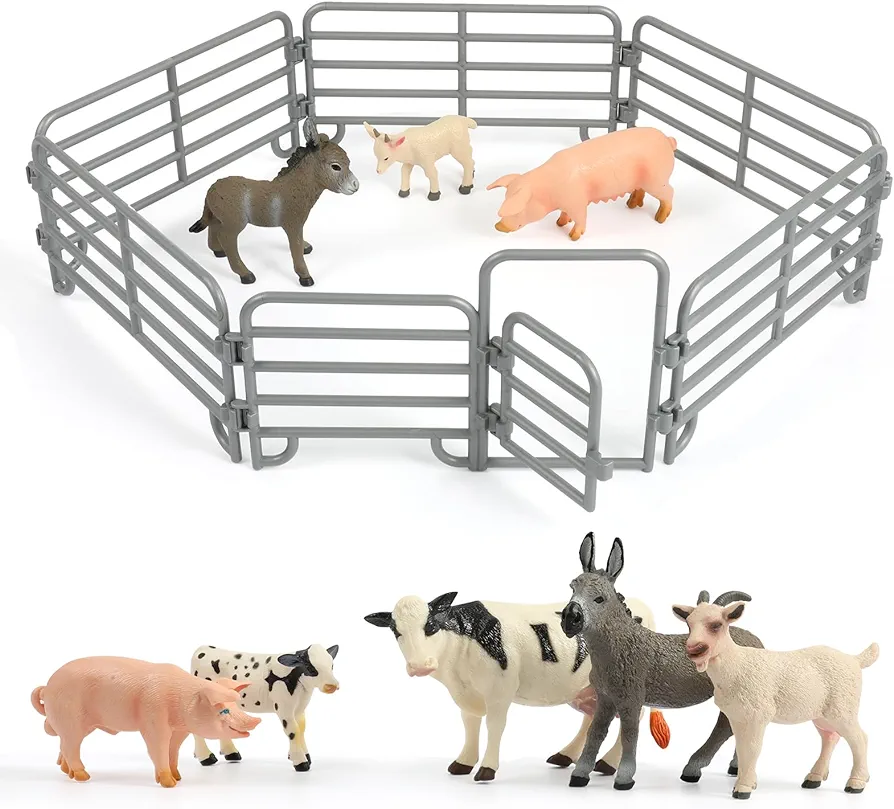 Farm Animal Toys, Realistic Farm Animal Figurines and Fence Playset, Includes Cow Pig Donkey Goat, Birthday Christmas Animal Gift Set for Kids Toddlers (Farm World)